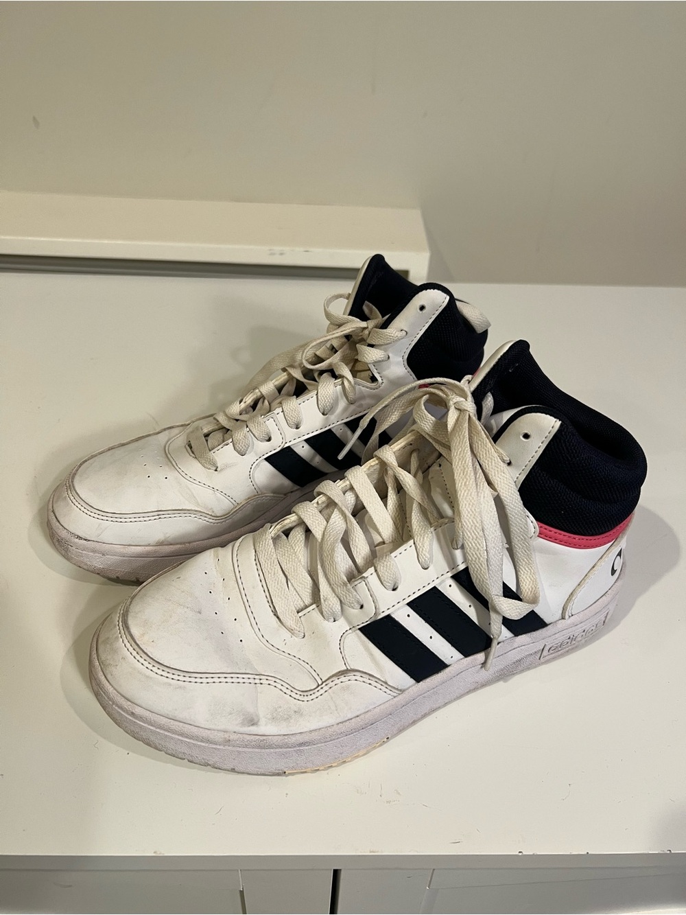adidas White Athletic High-Top Sneakers with Black Stripes and Pink Accent